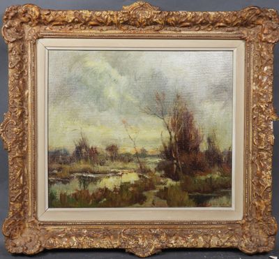une peinture d'un paysage avec des arbres et une rivière au premier plan