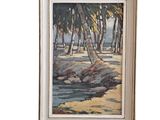 an oil painting of a beach scene with palm trees and water
