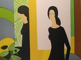 a painting of a woman sitting in front of a potted plant
