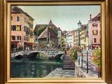 painting of a painting of a bridge over a river in a city