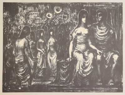 dessin en noir et blanc représentant un groupe de femmes dans une pièce