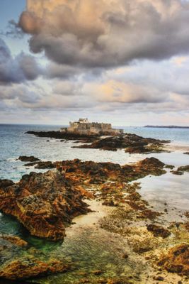 un grand plan d'eau avec un château au loin