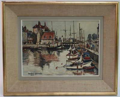 une image d'une peinture de bateaux dans un port