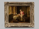 tableau représentant une femme assise à une table avec une corbeille de fruits