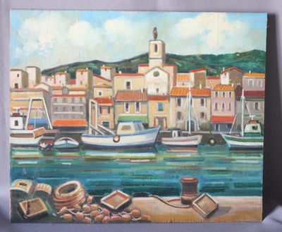 Max TOUTAIN (1935-2006), "Bateau de pêche dans le port", hui…