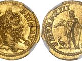 a gold coin with an image of a man holding a sword