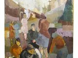 an oil painting of a group of people walking down a street