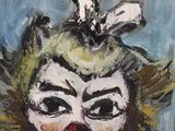 painting of a clown in a dress with a bow tie