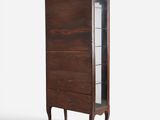 a tall wooden cabinet with a glass door and two drawers