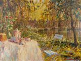 un tableau représentant une table sur laquelle se trouvent une chaise et un vase