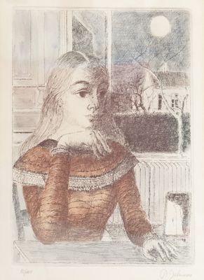 une image représentant le dessin d'une femme assise à une table devant une fenêtre