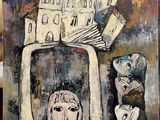 a painting of a woman with a castle on her head