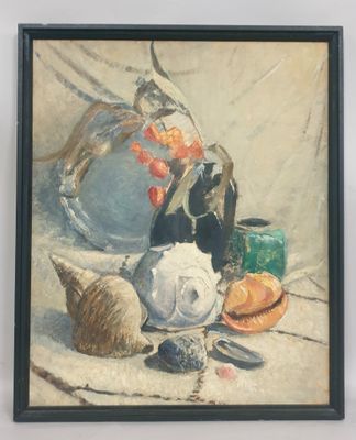 une peinture représentant une nature morte avec un pichet et d'autres objets
