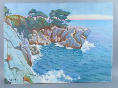 an oil painting of a rocky coastline with trees on the cliff
