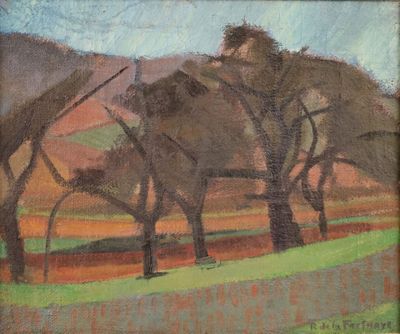 une peinture à l'huile représentant un homme labourant un champ avec deux éléphants