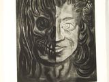a black and white drawing of a man with a skull on his face
