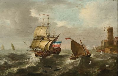 un tableau représentant deux bateaux sur l'eau, avec un phare en arrière-plan