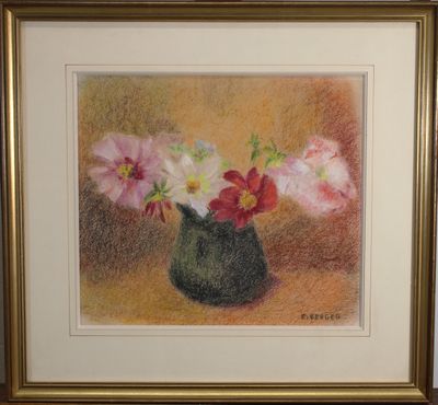a painting of flowers in a vase on a table