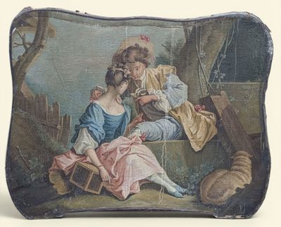 une photo d'un tableau représentant un homme et une femme assis sur un banc