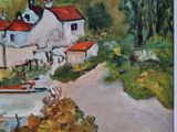 an image of a painting of a house on a hill with a boat in the water