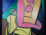 peinture abstraite représentant un homme avec un oiseau sur l'épaule