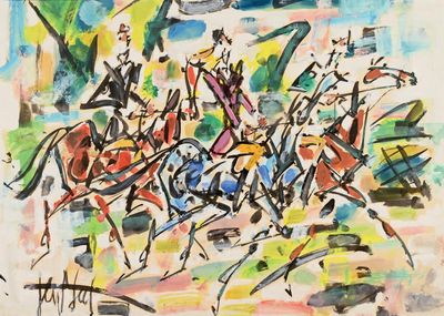 une image d'une peinture représentant un groupe de personnes à cheval