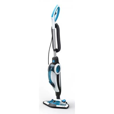 a blue and white steam mop with a black handle
