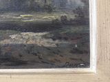 an oil painting of a landscape with a river and trees in the distance