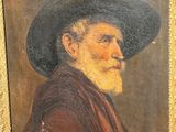 painting of an old man with a black hat and a beard