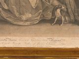 painting of a woman with a dog and a cat in front of a curtain