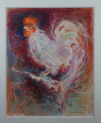 an oil painting of a rooster on a branch in a white frame