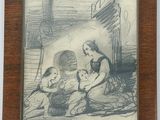 dessin représentant une femme et deux enfants assis devant une cheminée