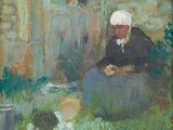 une image représentant un tableau où l'on voit une femme et un enfant devant une maison
