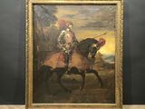 an oil painting of a man riding a horse in a room