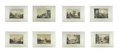 six framed photographs of a city with a clock tower in the background
