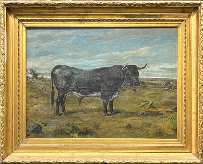 un tableau représentant une vache debout dans un champ