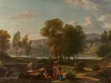 a painting of a group of people sitting on a hill