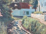 a painting of a country road with a house in the background