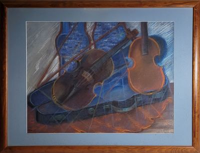 a picture of a painting of a violin and a violin case