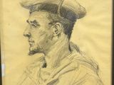 an old drawing of a man wearing a hat with a bird in the background