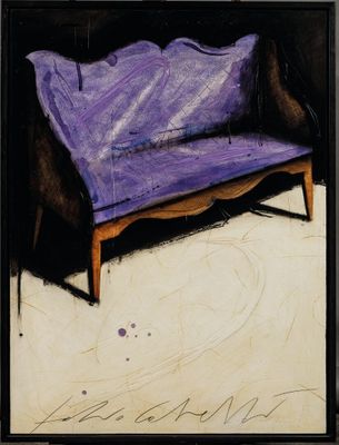 tableau représentant un canapé violet posé sur un sol blanc