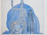 drawing of a woman and a man sitting in a chair in the snow