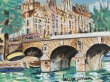une peinture représentant un pont au-dessus d'une étendue d'eau