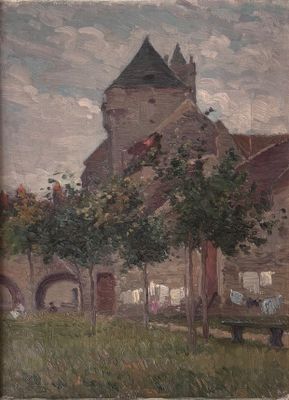 une peinture à l'huile représentant une église avec du linge qui sèche sur une corde à linge