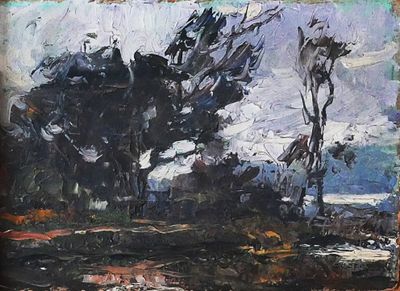 une peinture représentant un arbre dans un champ, avec le ciel en arrière-plan