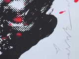 an image of a black and white poster with red paint splattered on it