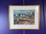 purple wall with a picture of a house and a dog on it