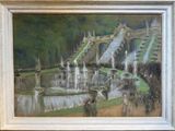 a painting of a fountain in the middle of a park