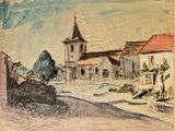 dessin d'une église avec un clocher et une flèche au sommet