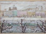 tableau représentant une vue d'une ville en hiver, avec de la neige au sol